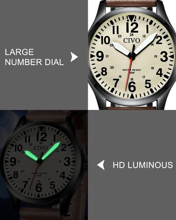 Чоловічий годинник CIVO: водостійкий, аналоговий кварц, великі цифри, світловий, військовий стиль, спортивний, для активного відпочинку, легкий у читанні, з шкіряним ремінцем, колір: коричневий