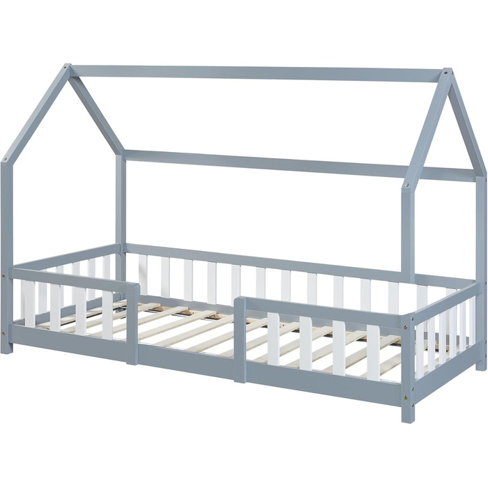 en.casa Kinderbett Sisimiut House Bed 90 x 200 cm with Fall Protection Wooden Bed for Children Floor Bed Slatted Frame Pine Wood Light Grey/White Light Grey / White 90x200 cm