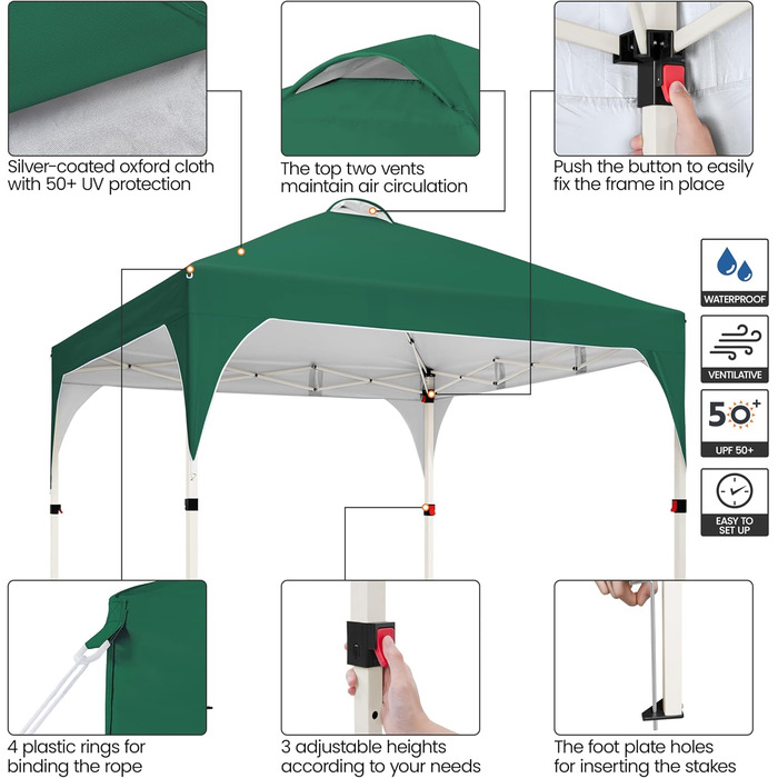 Yaheetech Folding Gazebo 2.4 x 2.4m Pop-Up Gazebo, Height Adjustable Garden Gazebo, Waterproof & Sun Protection Party Tent Garden Tent with Rolling Carry Bag for Outdoor Market Garden Yard, (Dark Green, 3x3m)