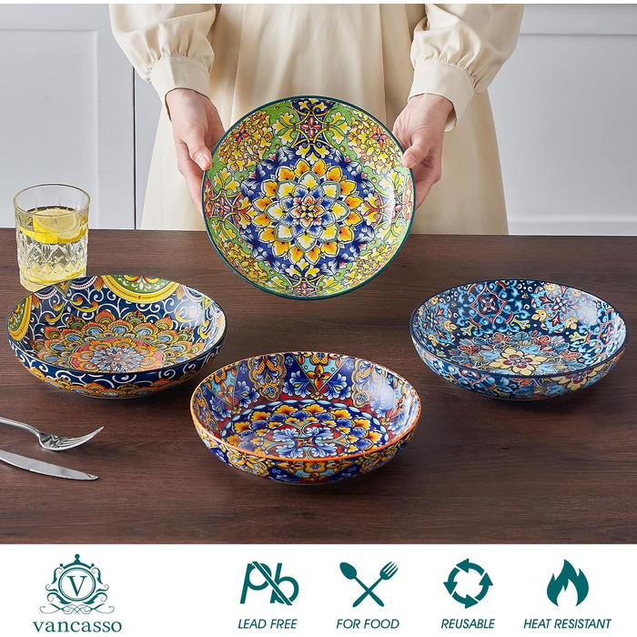 Набір супових тарілок Vancasso (4 шт), керамічні салатники, великі сервіровочні тарілки, 1260 мл, багатобарвні