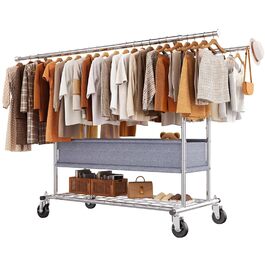 Підставка для одягу HOKEEPER на колесах, подвійна штанга, вантажопідйомність до 283 кг, промисловий дизайн, з полицею та кошиком для білизни, регульована довжина та висота (D005)