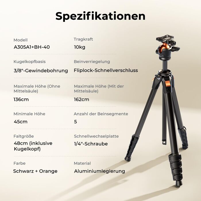 Штатив для камери та смартфона K&F Concept, алюмінієвий дорожній трипод з кулястою головкою та тримачем для планшета, навантаження 10 кг, висота 162 см