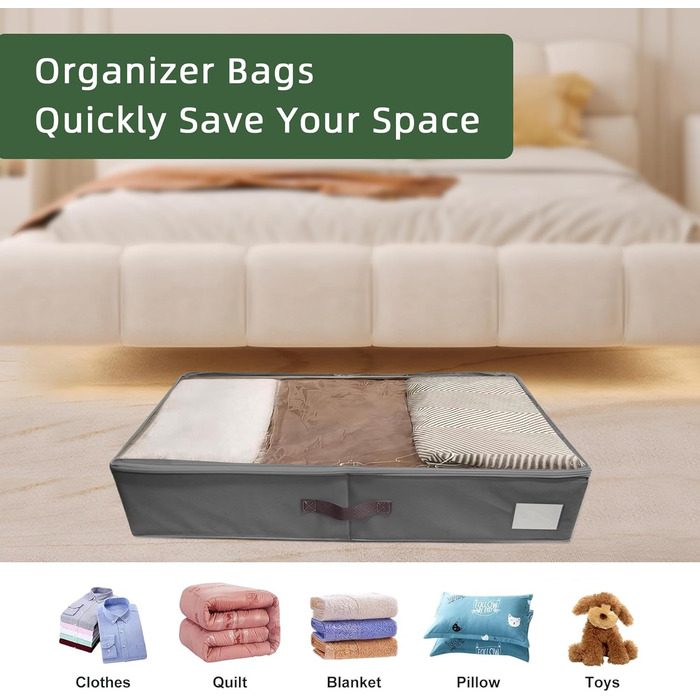 Коробки для зберігання під ліжком, 2 шт. з боковими стійками, сірі. Підходять для постільної білизни, одягу та ковдр.