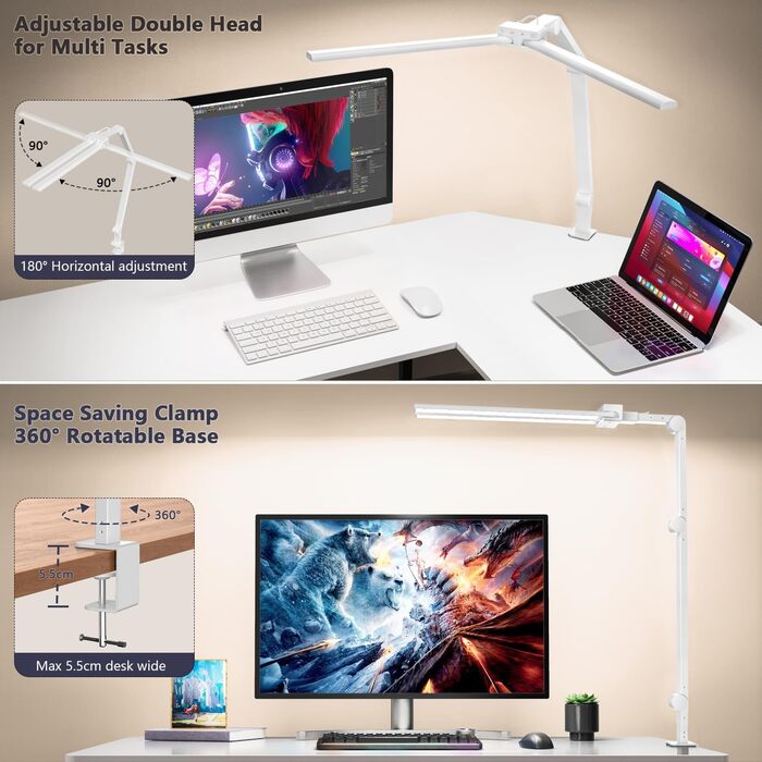 KableRika LED Desk Lamp - Dimmable 24W 80cm Dual-Head Desk Lamp with Clamp, 1200lm Eye Protection, Adjustable Gooseneck, Monitor Light, Daylight Lamp, Auto-Dimming (White)