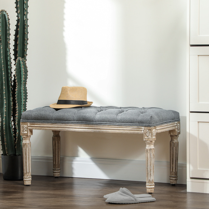 HOMCOM Upholstered Bench Gray Vintage Style Bench with Button Tufting from Rubber Wood & Linen 142x47x51cm for Dining Room & Entryway