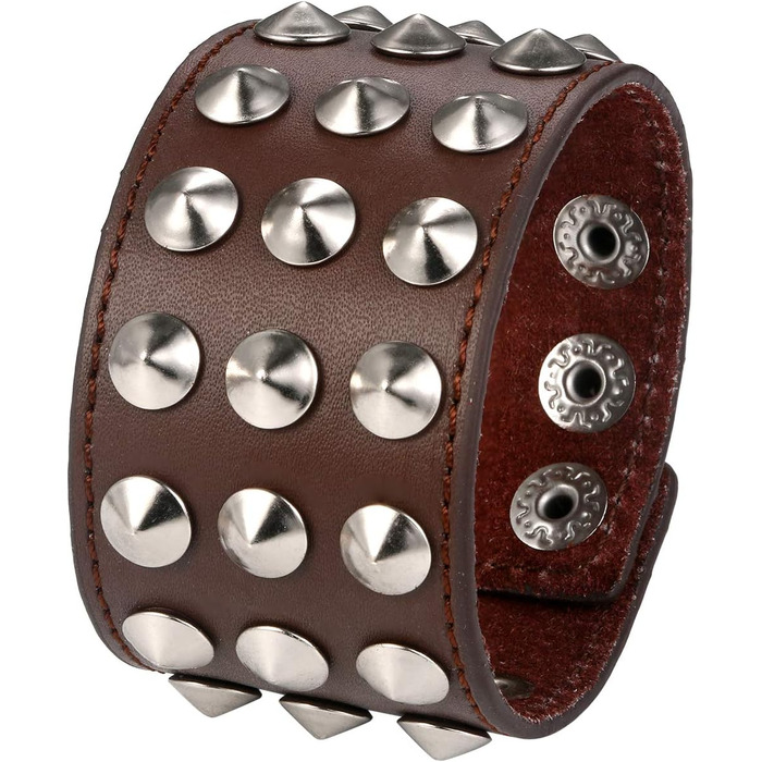 Чоловічий широкий браслет з натуральної шкіри JewelryWe в стилі панк-рок з заклепками та ланцюгом. Чорний/коричневий, чорні заклепки та ланцюг (коричневий, срібло)