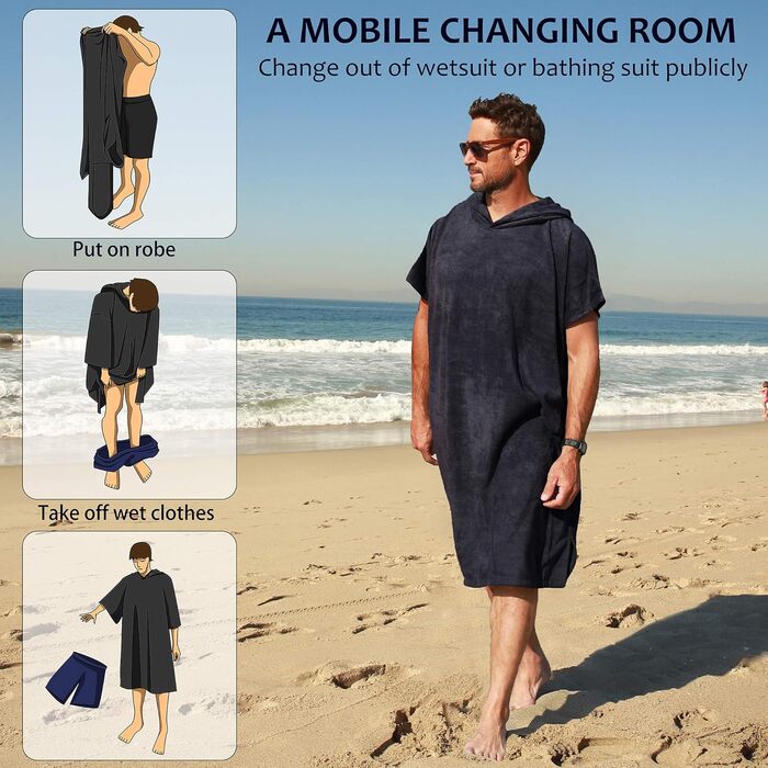 Surf Poncho Hooded Changing Towels Quick Dry Beach Change Robe for Adults Men Women Waterproof and Sandproof Bathrobe for Surfing Swimming Bathing Oversized Black