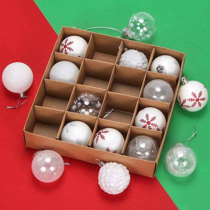 Набір прикрас на ялинку 16 шт. Кульки з пластику 6 см, розписані, для ялинки, набір, декорації (білий)