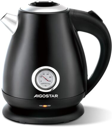 Електричний чайник Aigostar Adrian Retro з нержавіючої сталі, 1.7л, 2200W, аналоговий термометр, LED-підсвічування, автоматичне відключення, чорний