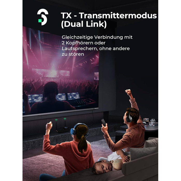 SOOMFON Bluetooth 5.3 Передавач-Приймач для 2 навушників, 3-в-1 Аудіоадаптер з подвійною антеною, Bluetooth Передавач-Приймач для ТВ/Стереосистеми, з регулюванням гучності, Aux/Cinch/Оптичний
