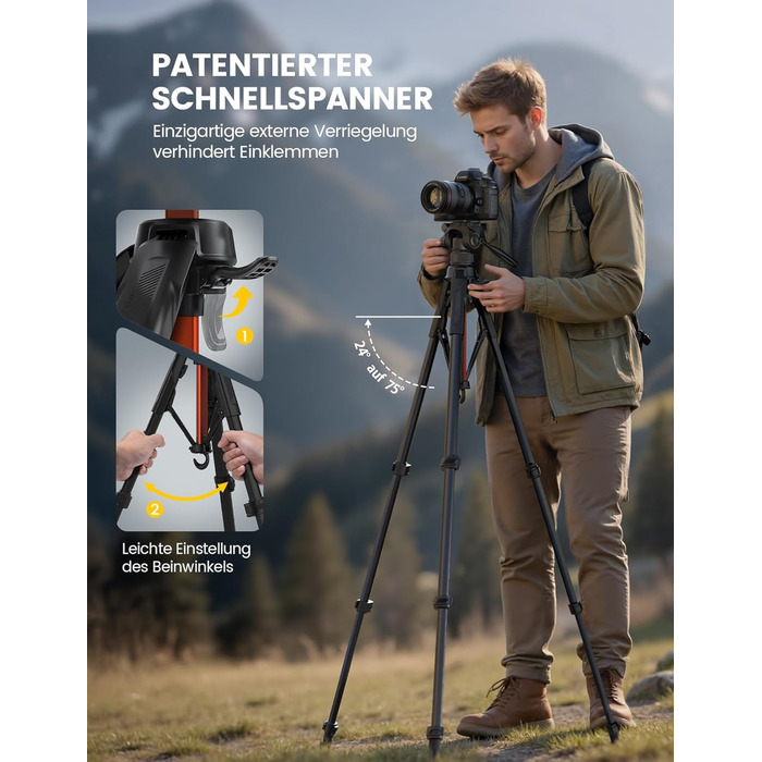 Штатив для камери та смартфона Lamicall Tripod: посилений трипод з швидким відкриттям, вантажопідйомність 8 кг, висота до 170 см, 4 рівні регулювання, помаранчевий