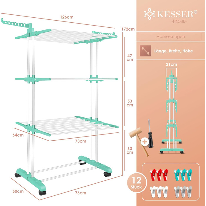 Кесер® Сушилка для білизни з колесами - Турбо-модель, 4 яруси, білий/антрацитовий, з кліпсами