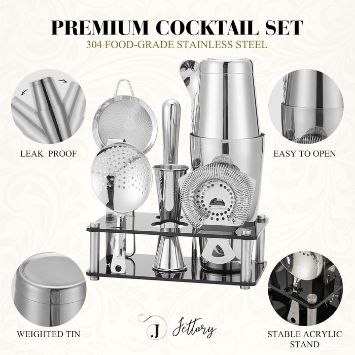 Boston Shaker Set – 10-Piece Stainless Steel Cocktail Shaker Set with Acrylic Base, Hawthorne Strainer, Ice Tongs, Bar Spoon, Jigger, Muddler – Perfect for the Home Bar (Silver)