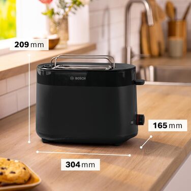 Bosch Compact Toaster MyMoment TAT2M123, integrated bagel attachment, with defrost function, with automatic shut-off, lift function, bread centering, perfect for 2 slices, 800 watts, matte black. Bagel attachment integrated, black.