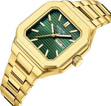 Годинник чоловічий NIBOSI: кварцовий, з нержавіючої сталі, мілітарі, квадратний, водонепроникний, бізнес-стиль, класичний, дизайнерський (золотий, зелений)