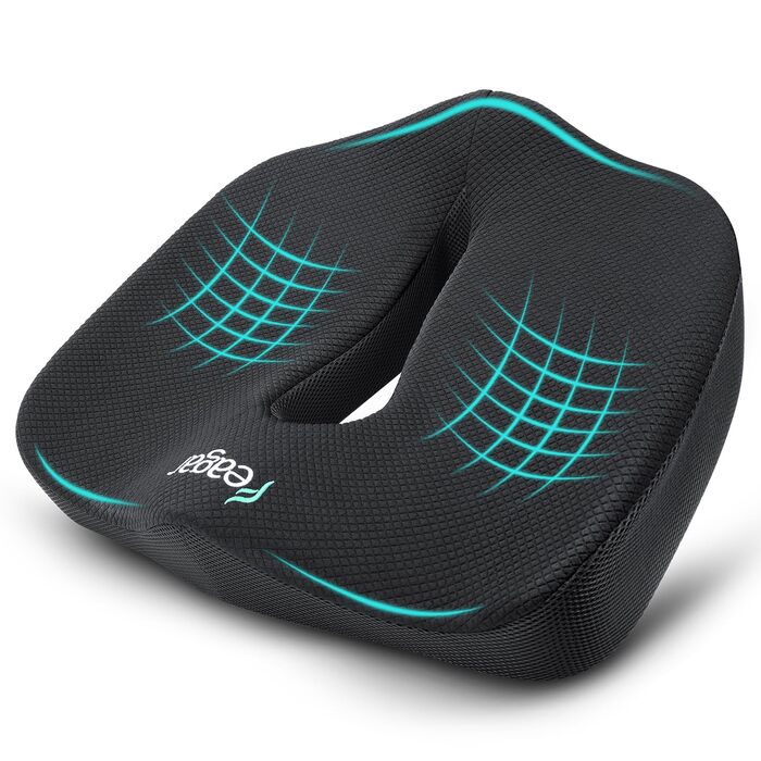 Подушка ортопедична для офісного крісла Feagar з Memory Foam, XXL (90-150 кг), чорна – підтримка куприка, зняття болю при тривалому сидінні