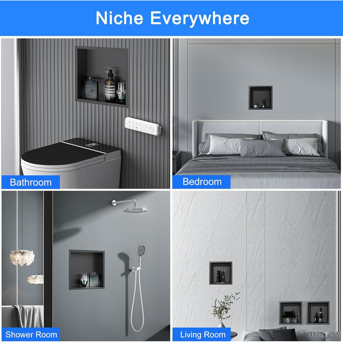 KINKIBOS Wall Niche Shower Stainless Steel, No Tiles Required, Recessed Shower Niche 30 x 30 x 10 cm, Shower Niche Single Shelf Storage Grey Black