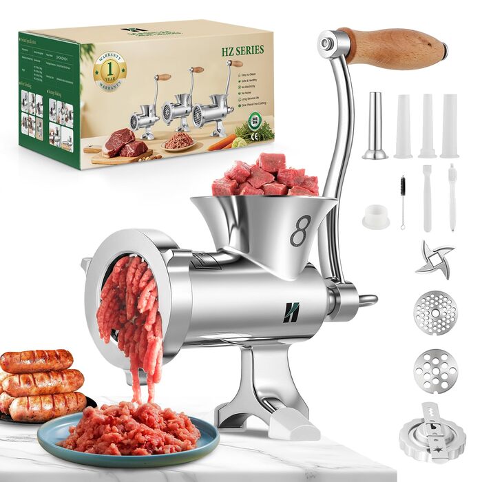 М'ясорубка ручна Huanyu з нержавіючої сталі, насадка для ковбас та печива, миється в посудомийній машині (№8)