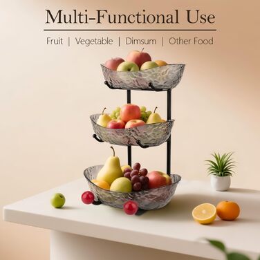 Пластикова підставка для фруктів Asaiy – 3 яруси, овальна корзина з металевим каркасом, сірого кольору. Організатор для фруктів, овочів, снеків та солодощів.