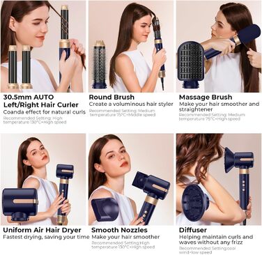 Airstyler 7 в 1: мультистайлер для волосся 1400W з феном, дифузором, плойкою та щітками для сушки, локонів та укладки. Швидка сушка завдяки двигуну 110000 RPM. Колір: блакитний