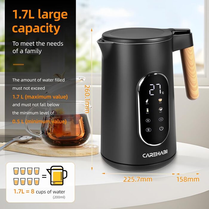 Електричний чайник Carehabi з регулюванням температури, 1.7 л, нержавіюча сталь, чорний, 40°C-100°C, 2200W, LED дисплей, подвійні стінки, функція підтримки тепла