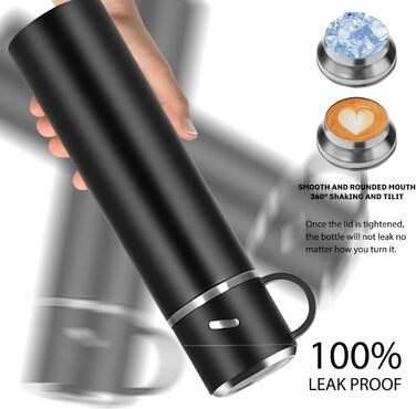 Термос IAGORYUE з нержавіючої сталі, 0,55л, з ізоляцією, витокозахисним кришкою та ручкою, двостінний, зберігає тепло/холод до 12 годин, для спорту, офісу, відпочинку на природі, чорний