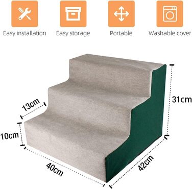 NAMSAN Dog Stairs 3-Step Pet Ladder, Easy Assembly, Cat Stairs with Washable Cover for Sofa, 42 x 40 x 31cm