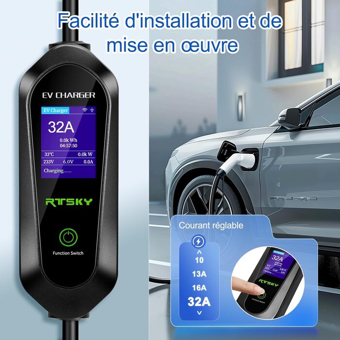 Мобільна зарядка для електромобіля 7kW CEE 32A, кабель Type 2, 5м, 1-фазна, 8-32A, з цифровим дисплеєм