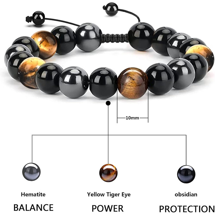 Браслет з тигровим оком, чорним турмаліном, обсидіаном та гематитом - захист, подарунок для друзів, чоловіка, батька