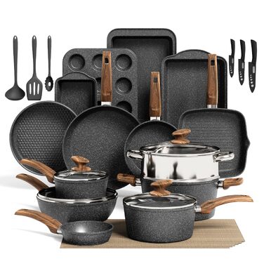 Набір посуду та сковорідок Kitchen Academy Cooware, 30 предметів, гранітне антипригарне покриття, для індукційних плит, без PFOA та PFOS, чорний