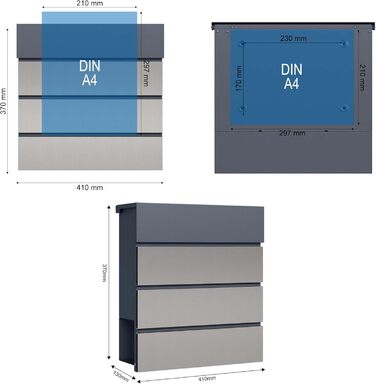 Поштовий ящик настінний сталевий V63 антрацит з дерев'яним декором 410x130x370 мм, з замком, плавним закриттям та відділенням для газет