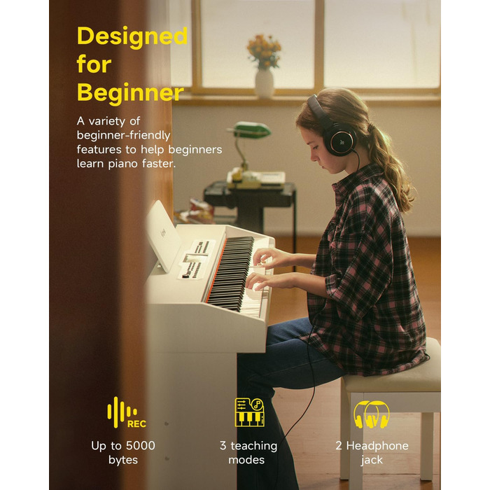 Цифрове піаніно Donner DDP-95 для початківців з 88 важними клавішами, бездротове підключення, LCD дисплей, 610 тембрів, 600 ритмів, 3 навчальні режими, біле