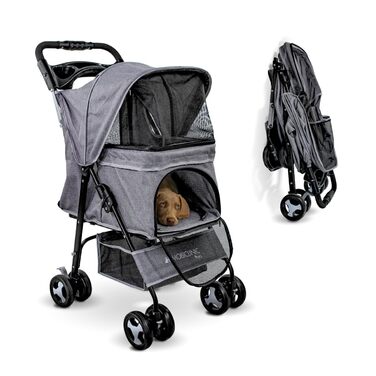 Mobiclinic® Pet Folding Dog Cart - 15kg Capacity, Small Dogs, Zuma Wheels with Brakes, XXL Storage Basket, 3 Zipper Windows & Mosquito Net, Cup Holder, Grey