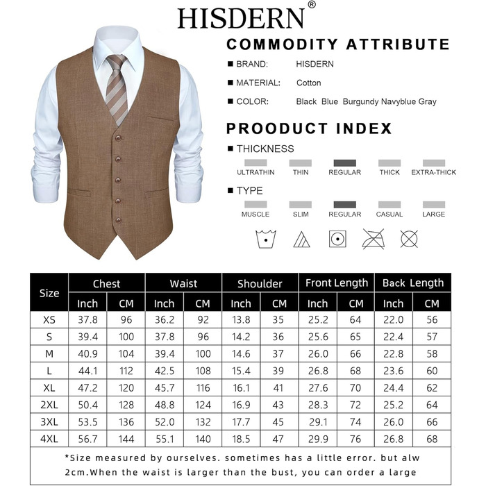 HISDERN Жилет чоловічий в клітинку, класичний, бавовна, для весілля, в стилі 'Hahnentritt', під костюм (S, Коричневий / Хакі)