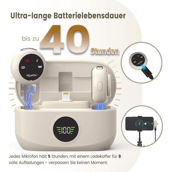 Мікрофон 2-в-1 для iPhone та Android з шумозаглушенням, кейс на 40 годин, магнітна застібка та кріплення для інтерв'ю, 25 метрів (Бежевий)