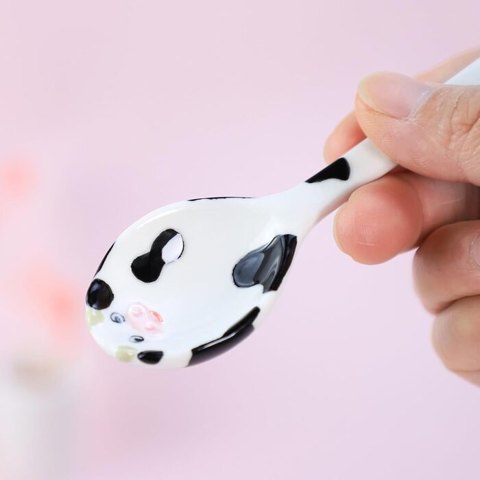 Ceramic Measuring Spoon Set with Cow Pattern, 4-Piece, for Dry or Liquid Ingredients, with Measuring Cup Set, Microwave Safe, Hand Wash Recommended