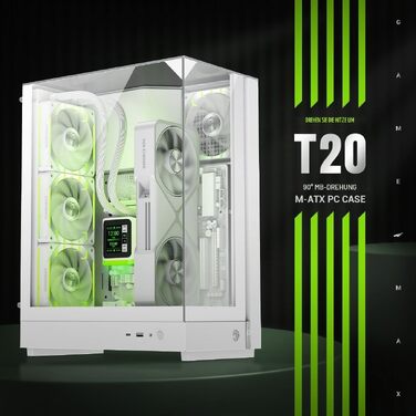 Ігровий корпус GameMax T20 BK M-ATX, панорамне загартоване скло 270°, вертикальна установка GPU, 2x120мм ARGB вентилятори, підтримка радіатора 360мм, SFX/SFX-L, BTF-Ready, чорний