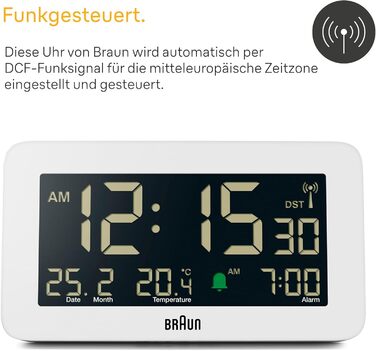 Braun Funk-Digitalwecker for the Central European Time Zone (DCF) with date, month, and temperature display, negative LCD display, and white alarm tone, Model BC10W-DCF.