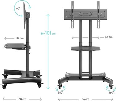 ONKRON Mobile TV Stand with Wheels - Adjustable Height & Tilt for 32-70 inch TVs (up to 45kg) - VESA 600x400 - Black