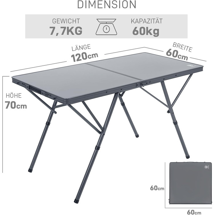 Складаний столик для кемпінгу EVER ADVANCED 120x60 см, сірий. Макс. навантаження 60 кг, для 4-6 осіб. Ідеально для кемпінгу, пікніка, саду, балкону.