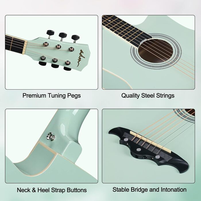 Акустична гітара ADM 38 дюймів для початківців (зелена) з комплектом аксесуарів та онлайн-уроками