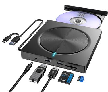 Зовнішній CD/DVD привід USB 3.0 та USB-C, оптичний накопичувач CD/DVD +/-RW ROM Brenner для ноутбука, ПК, MacBook, iMac (Windows, MacOS, Linux)