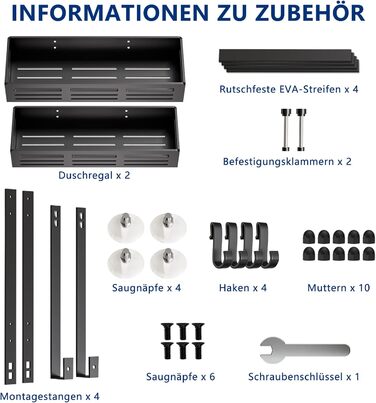 Настінна поличка для душу Hawsam з 2 кошиками та 4 гачками, без свердління, чорна