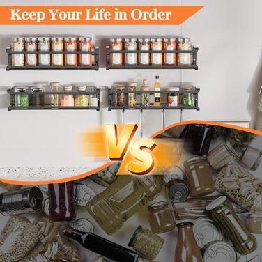 Стильна підставка для спецій на 4 відділення з металу, чорна, самоклеюча, без свердління, для кухонної шафи та дверей