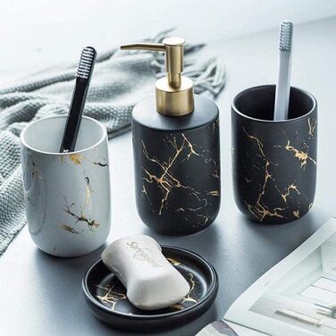Набір аксесуарів для ванної кімнати FülleMore з кераміки, люкс, імітація мармуру, 3 шт. (мильниця, дозатор мила, стакан для зубної пасти, білий)