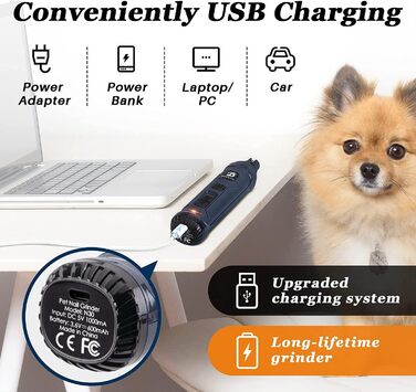 Шліфувальник для собак Bousnic Krallenschleifer з 2 LED-ліхтариками - тихий, потужний електричний триммер для догляду за кігтями собак та котів (Navy)