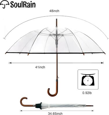 SoulRain Парасолька з класичною дерев'яною ручкою, автоматичне відкриття, вітростійка, прозора, незламна, 121.9 см