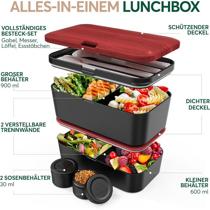 Набір ланч-боксів для дорослих Umami Lunchbox, 1500 мл, чорний онікс, з 4 столовими приборами та відділеннями, для офісу/пікніка