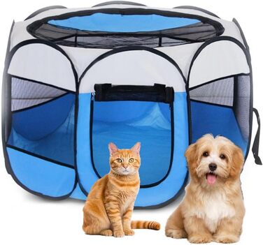 Складаний вольєр для цуценят та тварин, вольєр для собак, 74x74x43 см, вольєр для котів, кроликів та дрібних тварин (блакитний)