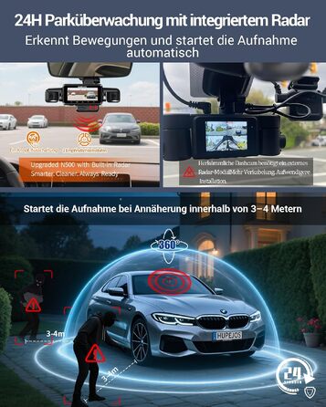 Автомобільний відеореєстратор 4K 360° з 4-канальною камерою та цілодобовим режимом паркування, N500, матово-чорний